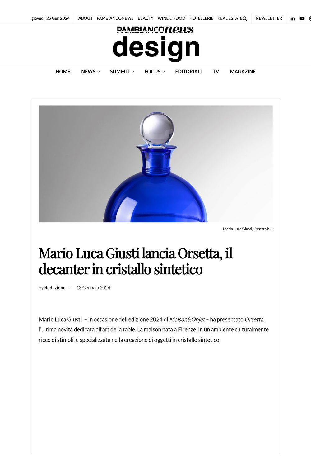 Mario Luca Giusti lancia Orsetta, il decanter in cristallo sintetico