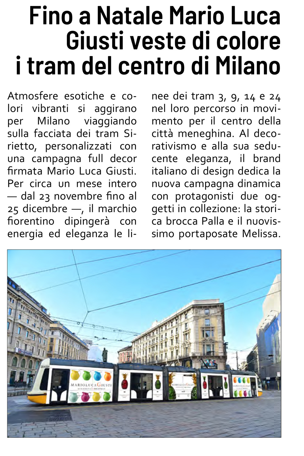 Fino a Natale Mario Luca Giusti veste di colore i tram del centro di Milano 