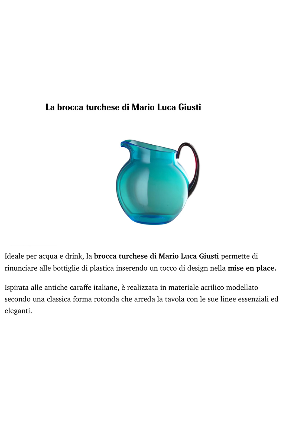 Brocca Imperial SMALTO Bianco Mario Luca Giusti – Cristallo Acrilico, 1,5L, Altezza 32 Cm, Design Pop Per Interni E Esterni