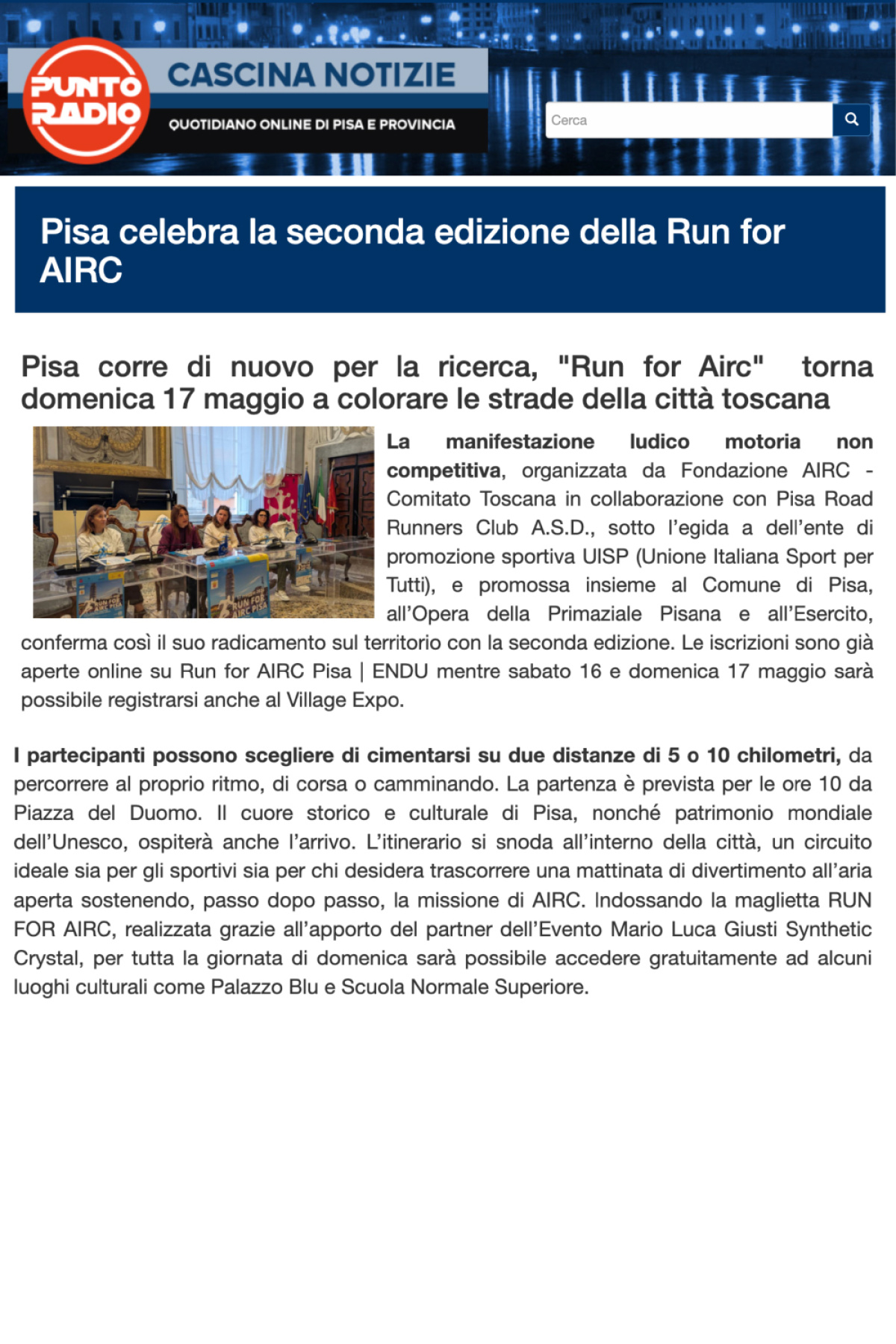 Pisa corre di nuovo per la ricerca, ''Run for Airc'' torna domenica 17 maggio a colorare le strade della città toscana
