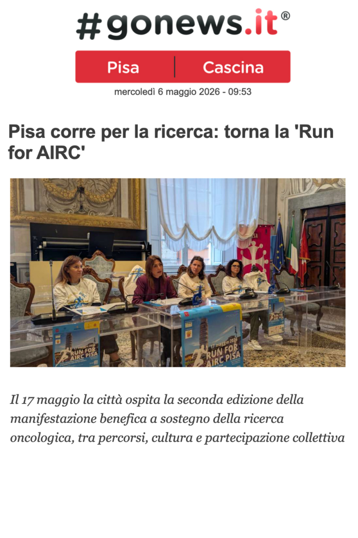 Pisa corre per la ricerca: torna la ' Run for Airc'